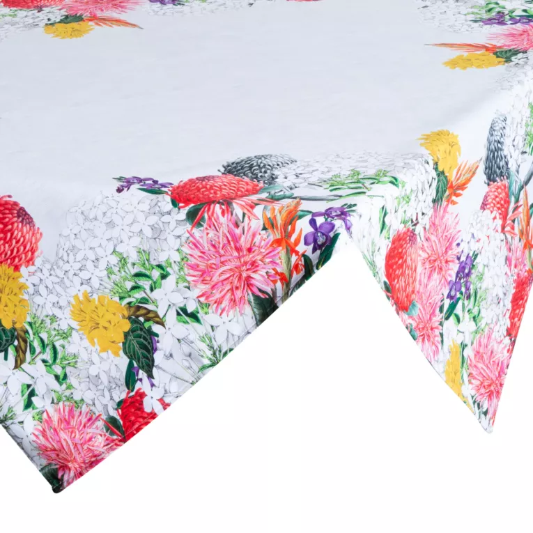 Bieżnik na stół naturalno, czerwony 85x85 cm SUMMER 3 z nadrukowanym motywem kwitnących kwiatów