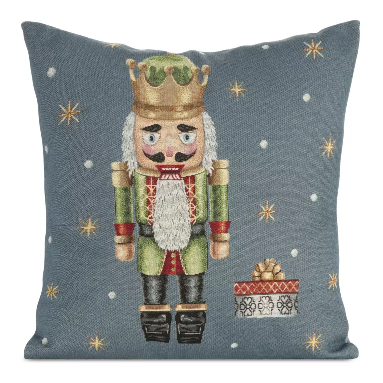 Poszewka na poduszkę 45x45 cm bawełniana , gobelinowa zdobiona wzorem dziadka do orzechów popielato, zielona GOB Eurofirany