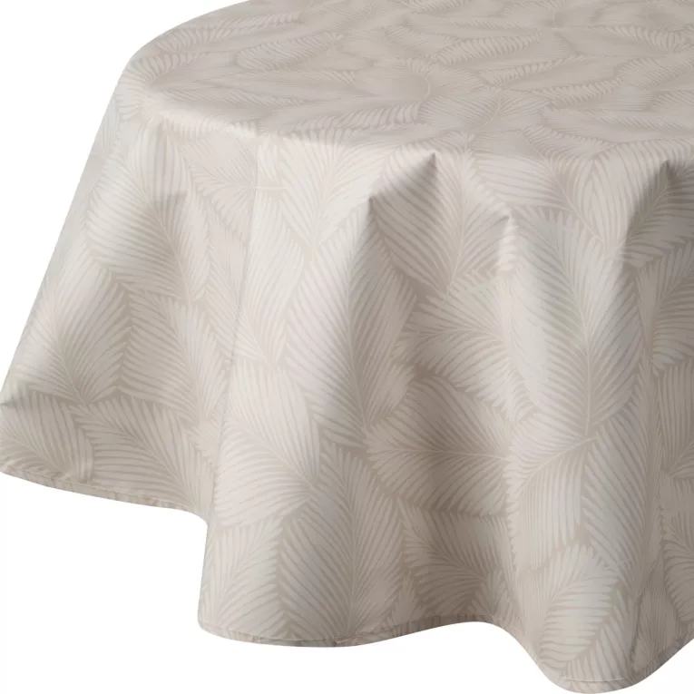 Obrus okrągły beżowo, biały średnica 150 cm wodoodporny GARDEN na taras oraz balkon z motywem palmowych liści