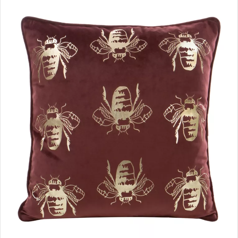 Poszewka na poduszkę 45x45 cm welwetowa z symetrycznym nadrukiem pszczół ciemnobordowo, złocista BILNK Eurofirany
