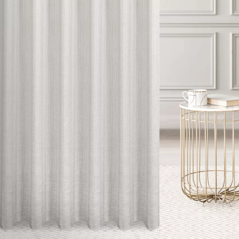 Zasłona szyta na flexach beżowa z tkaniny z efektem melanżu wykończona obciążnikiem