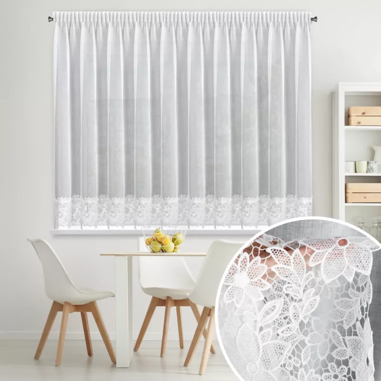 Firana biała z matowej etaminy zdobiona subtelną aplikacja w formie kwiatów 350x155 cm taśma - ARTEMIDA Eurofirany