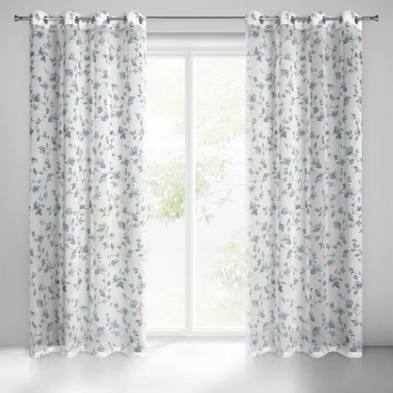 Dekoracja okienna biało, niebieska z kwiatowym nadrukiem z lekkiej półtransparetnej etaminy 140x250 cm przelotka JENNY Eurofirany