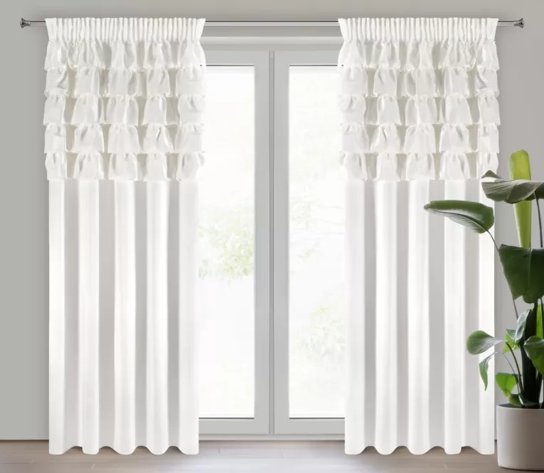Zasłona biała zdobiona falbanami z welwetu 140x270 cm taśma AURA Eurofirany