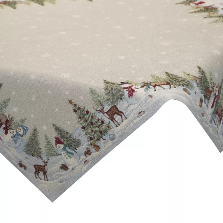 Obrus naturalno, srebrny 100x100 cm gobelinowy z motywem zimowej wioski