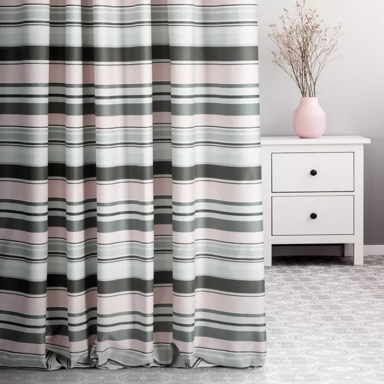 Zasłona szyta na taśmie fala MAINCY popielata z tkaniny bawełnianej w kolorowe pasy