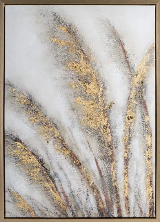 Ręcznie malowany obraz na płótnie  z trawą pampasową zdobioną złotymi akcentami oprawiony w ramę Eurofirany