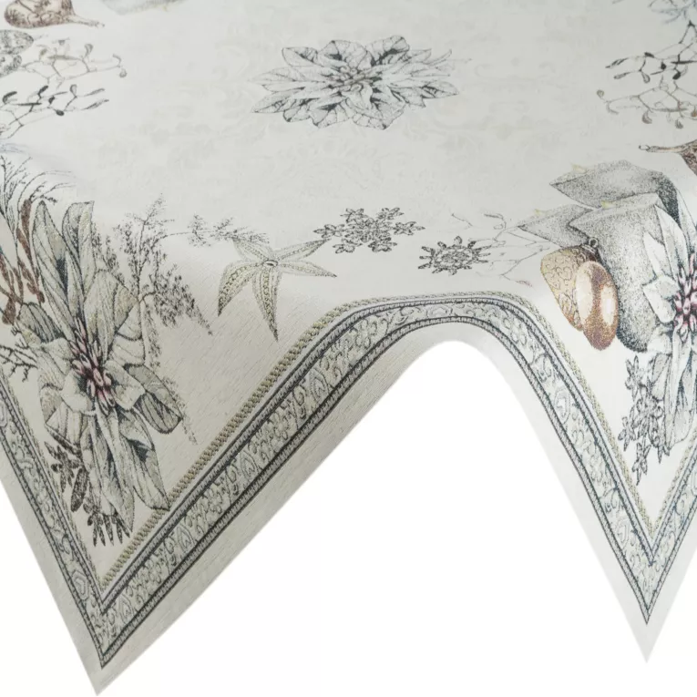 Obrus popielato, srebrny 100x100 cm gobelinowy CANDL z mieszanki włókien zdobiony wzorem świątecznym