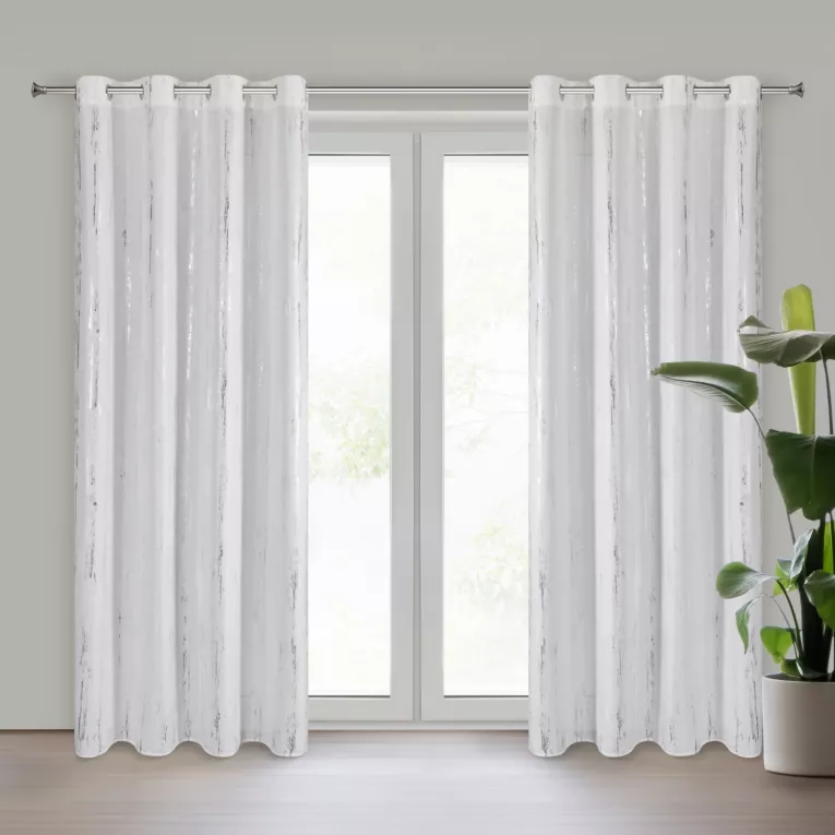 Zasłona biało, srebrna zdobiona błyszczącym nadrukiem 140x250 cm przelotka LIBI Eurofirany