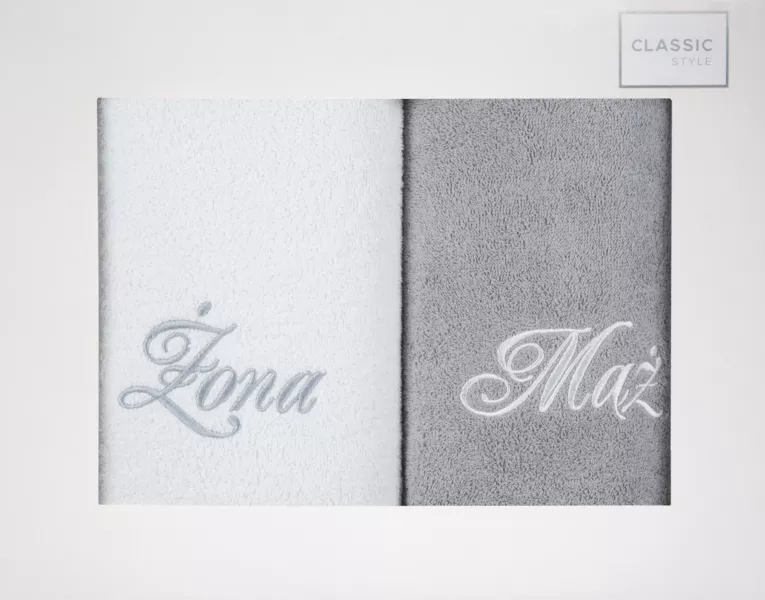 Zestaw ręczników bawełnianych 2 szt 70x140 cm z haftem Żona i Mąż kolor biały,popielaty 400 g/m2 Eurofirany