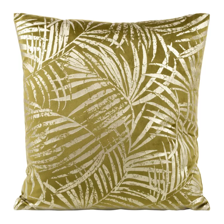 Poszewka na poduszkę 45x45 cm welwetowa ze złocistym nadrukiem botanicznych liści oliwkowa BLINK 26 Eurofirany