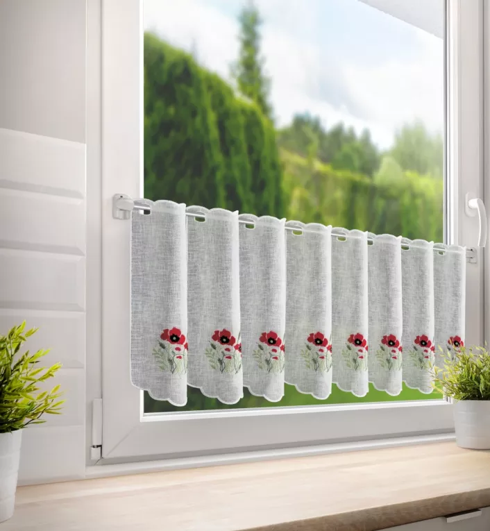 Tkanina firanowa zazdrostka z etaminy zdobiona haftowanymi kwiatami Eurofirany