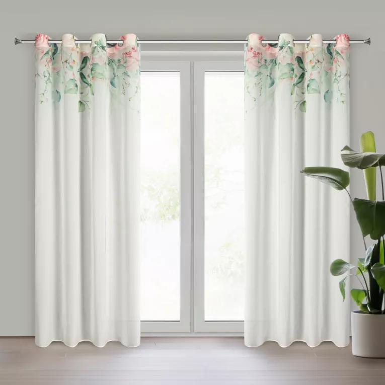 Dekoracja okienna biało, różowa zdobiona nadrukiem kwiatów 135x250 przelotka ALORA Eurofirany