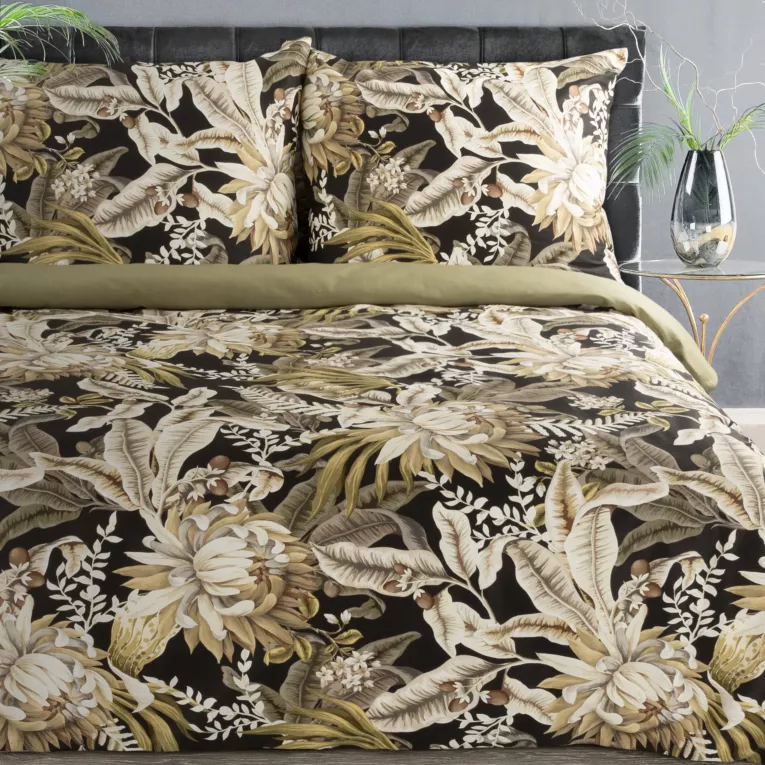 Pościel 220x200 cm bawełniana kolor czarny, brązowy zdobiona nadrukiem liści DIVA Eurofirany