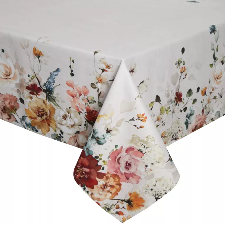 Obrus naturalno, różowy 140x180 cm SUMMER 2 z nadrukowanym motywem kwitnących kwiatów