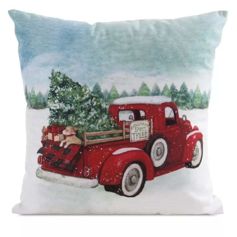 Poszewka na poduszkę 45x45 cm welwetowa czerwono, zielona zdobiona uroczym autkiem świątecznym Eurofirany
