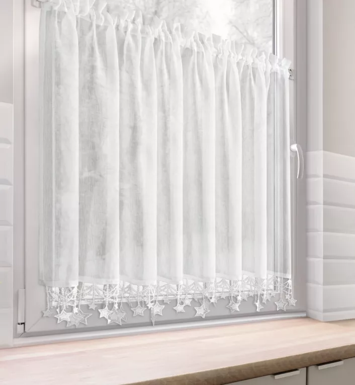 Zazdrostka świąteczna biała z etaminy zdobiona luźno zwisającymi gwiazdkami 150x90 cm tunel - XMAS Eurofirany
