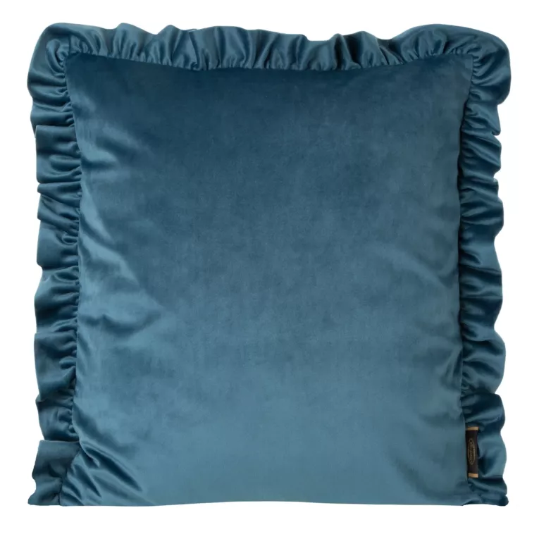 Poszewka na poduszkę 45x45 cm welwetowa zdobiona na brzegach falbanami niebieska VELVET 25 EUROFIRANY PREMIUM