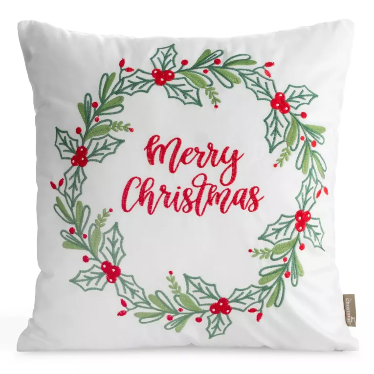 Poszewka na poduszkę świąteczna 45x45 cm  welwetowa biało, zielona  zdobiona haftem Eurofirany