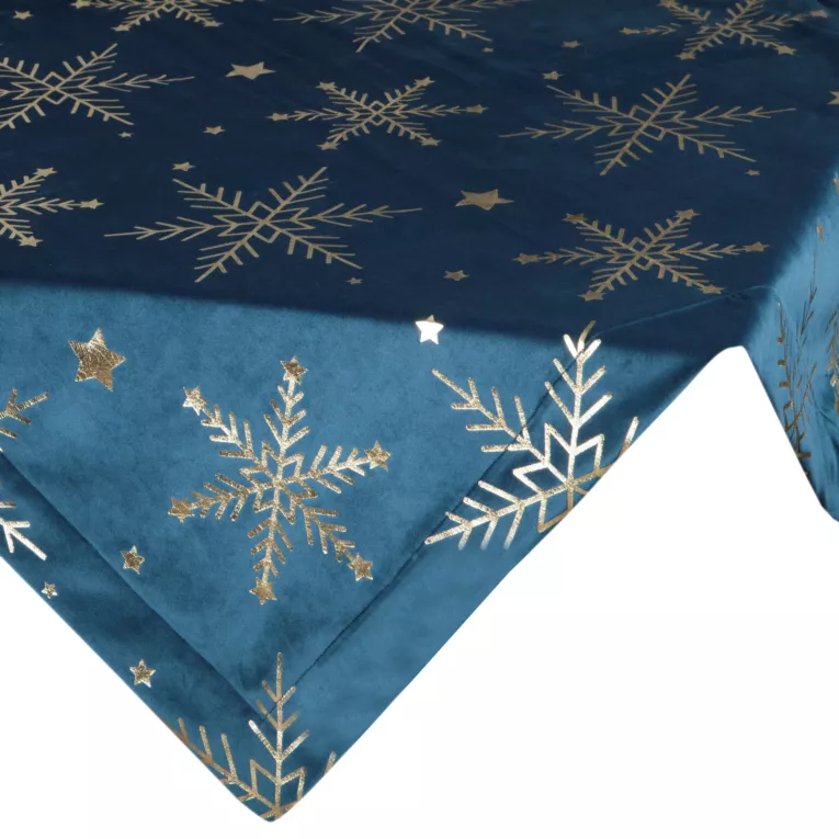 Obrus świąteczny 85x85 cm granatowo, szampański welwetowy zdobiony błyszczącym nadrukiem Eurofirany