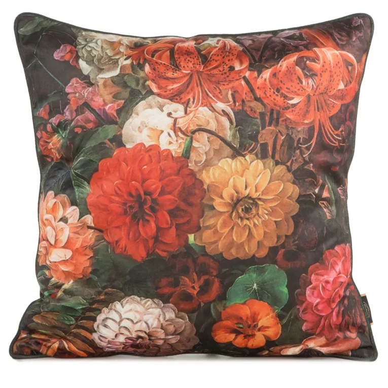 Poszewka na poduszkę 45x45 cm welwetowa z motywem malarskich kwiatów i estetyczną lamówką ciemnopomarańczowa, ciemnozielona VELEVT 110 Eurofirany