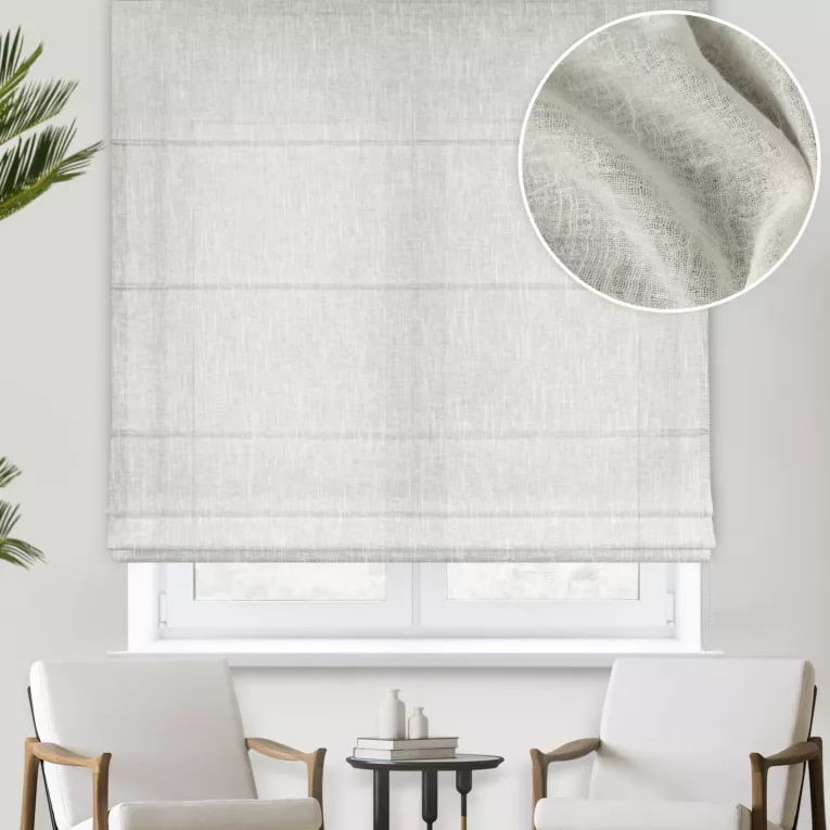 Roleta rzymska naturalna z delikatnej w dotyku etaminy w stylu eko z efektem kreszowania, wykończona obciążnikiem