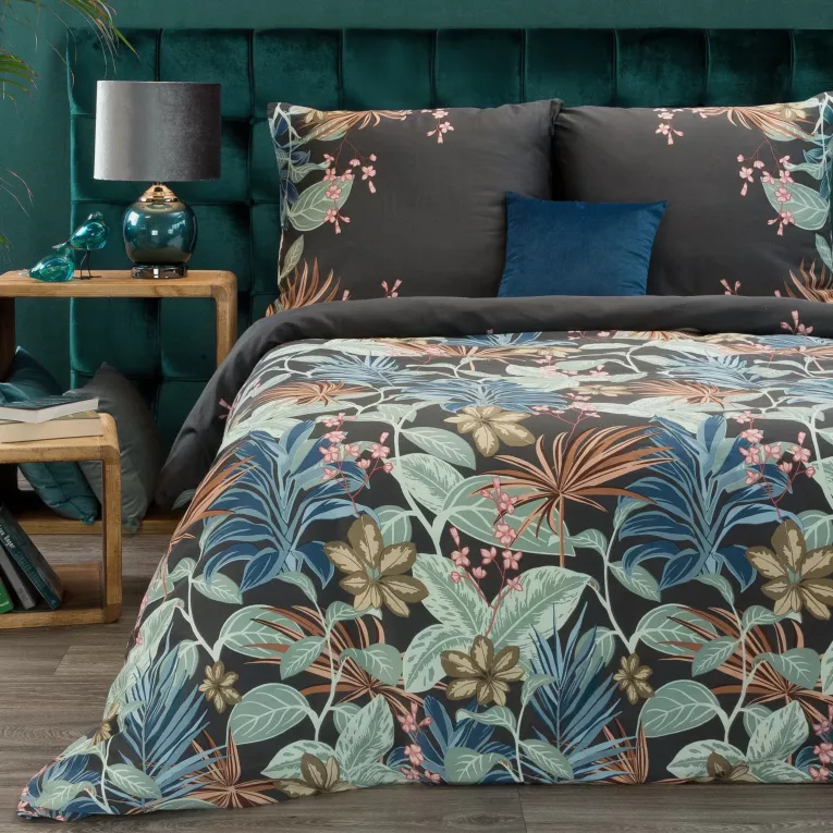Pościel 220x200 bawełniana kolor czarny, miętowy z kwiatowym wzorem ADAM Diva Line Eurofirany