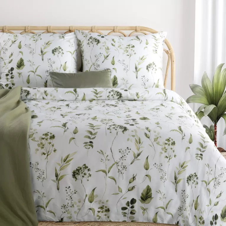 Pościel 160x200 cm komplet 3 częściowy satyna bawełniana kolor oliwkowo, biały zdobiony motywem roślinnym  SPRING 105 Eurofirany