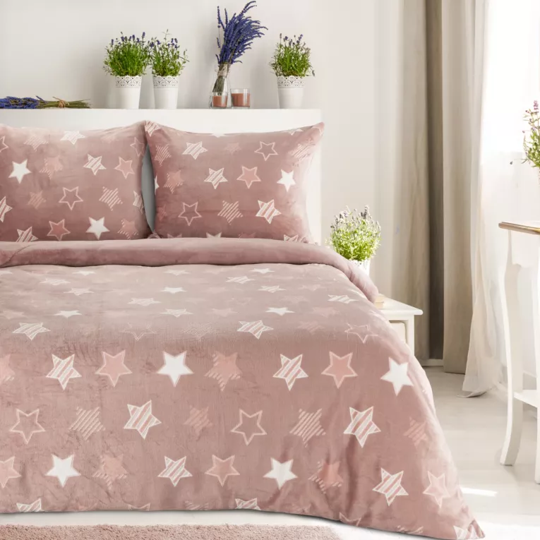 Pościel 220x200 z polaru kolor pudrowy z gwiazdkami FLANO Eurofirany