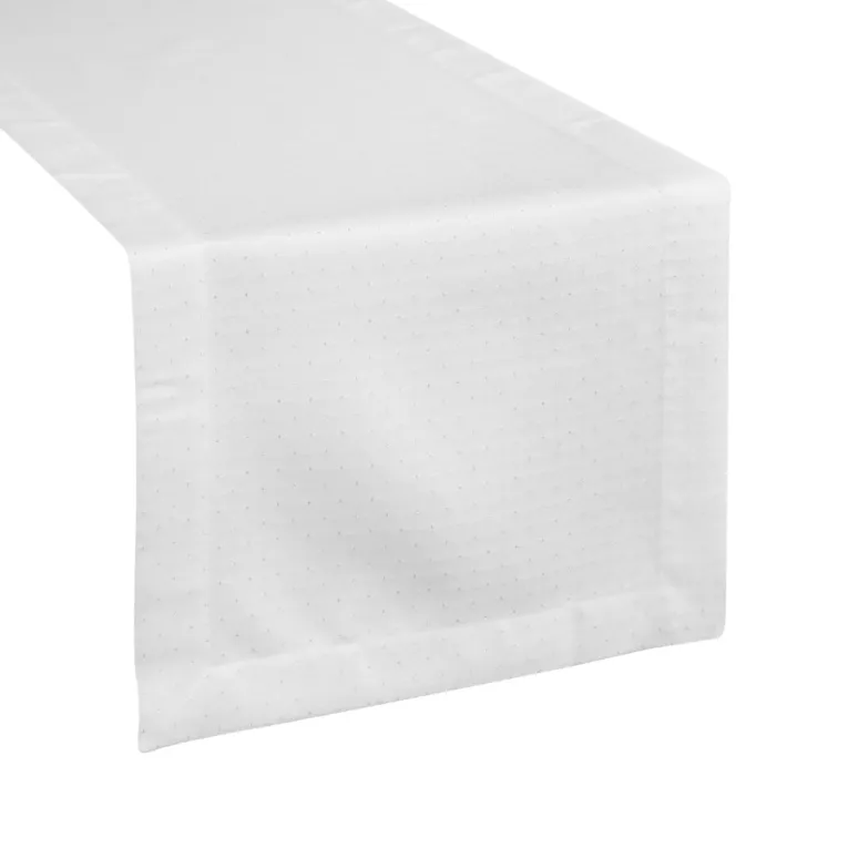 Bieżnik na stół biały 40x140 cm ELIZA zdobiony srebrną błyszczącą nicią z elegancką listwą