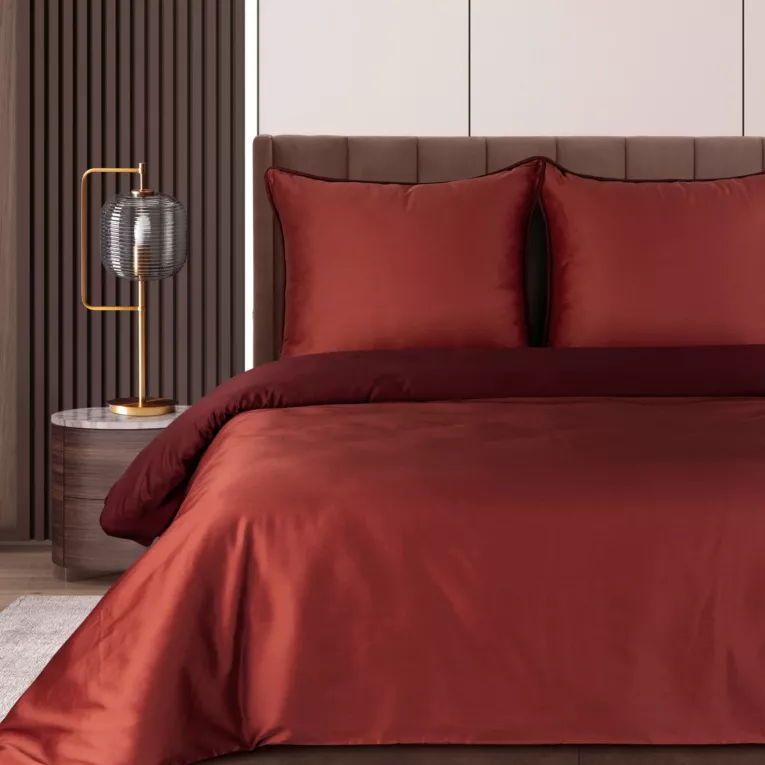 Pościel 140x200 cm komplet 2 częściowy z makosatyny bawełnianej kolor marsala, bordowy dwustronna z sznurem dekoracyjnym na brzegach Eurofirany Premium