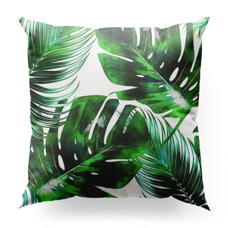 Poszewka szyta GABI naturalno zielona z tkaniny o naturalnym splocie z botanicznym wzorem