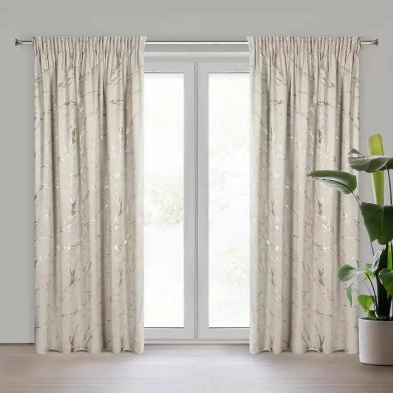 Zasłona beżowo, złocista zdobiona błyszczącym marmurkiem z welwetu, 140x270 cm taśma MOLLY Eurofirany