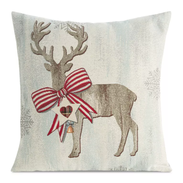 Poszewka na poduszkę 45x45 cm bawełniana, gobelinowa z mieszanki włókien zdobiona motywem renifera naturalno, beżowa GOB Eurofirany