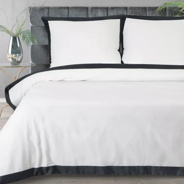 Pościel 160x200 cm komplet 3 częściowy z satyny bawełnianej kolor biały, czarny z kontrastującą kantą LAURA Eurofirany
