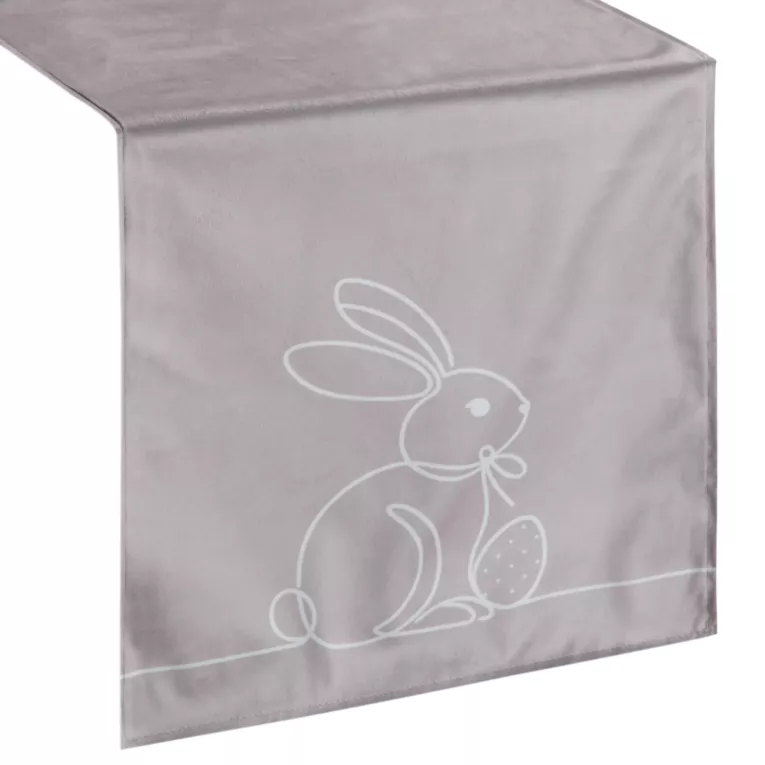 Bieżnik na stół beżowo, biały 35x140 cm welwetowy WIOSNA 1 z nadrukiem zajączka