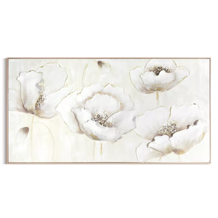 Obraz kremowo, złoty ręcznie malowany z kwiatowym motywem oprawiony w ramę 72x142 cm Eurofirany