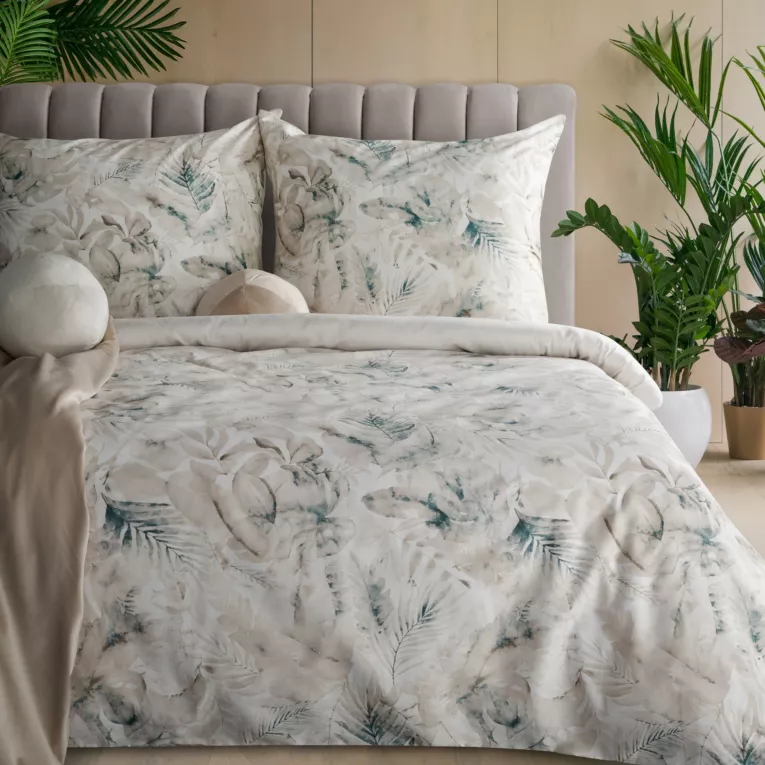 Pościel 140x200 cm komplet 2 częściowy satyna bawełniana kolor beżowy, ciemnoturkusowy zdobiony motywem liści SPRING 82 Eurofirany