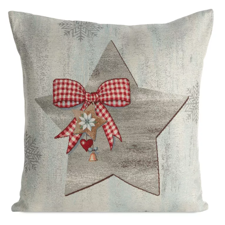 Poszewka na poduszkę 45x45 cm bawełniana, świateczna gobelinowa z mieszanki włókien zdobiona motywem gwiazdy popielato, srebrna GOB Eurofirany