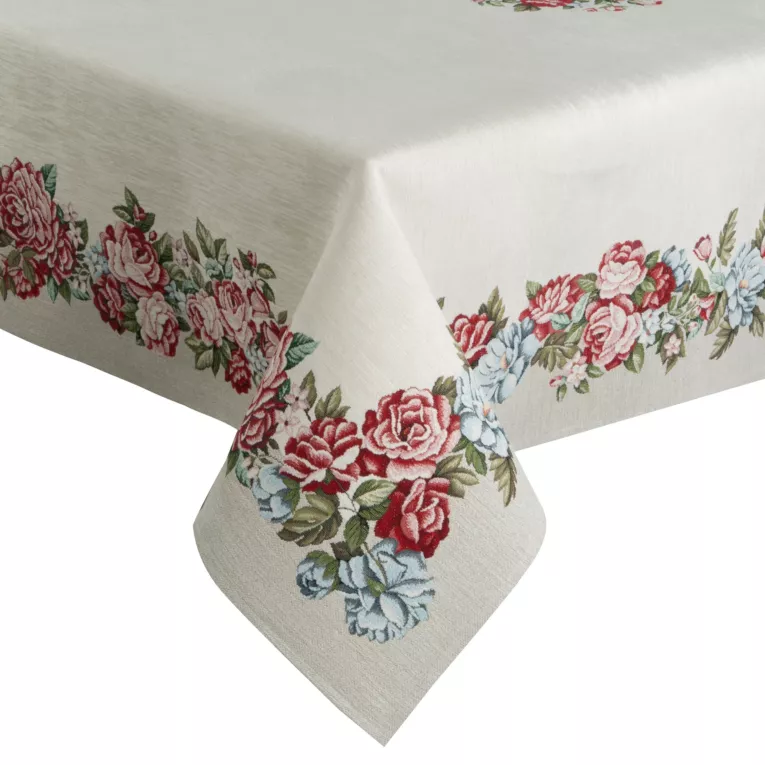Obrus naturalno, czerwony 140x180 cm z grubszej tkaniny gobelinowej z nicią szenilową z motywem kwiatów