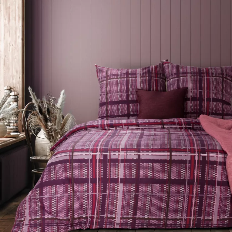 Pościel 160x200 flanelowa kolor fioletowy w klasyczną kratę AVINION 2 Terra Collection Eurofirany