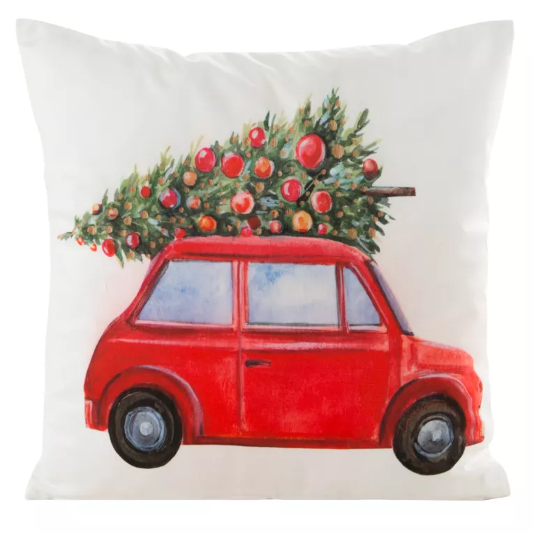 Poszewka na poduszkę 45x45 cm świąteczna z motywem samochodu z choinką biało, czerwona JINGLE 35 Eurofirany