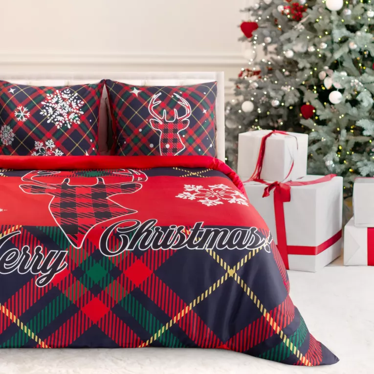 Pościel świąteczna220x200 cm kolor czerwony, ciemnogranatowy z motywem kraty DASHER Eurofirany