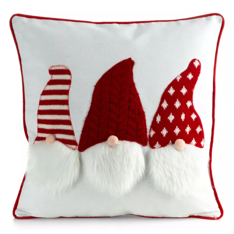 Poszewka na poduszkę 45x45 cm świąteczna w skrzaty i elegancką lamówką na brzegach biało, czerwona Eurofirany