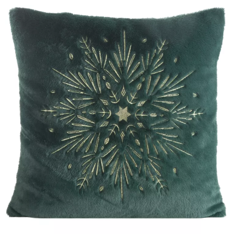 Poszewka na poduszkę świąteczna  45x45 cm ciemnozielono, szampańska z przyjemnego futerka zdobiona haftem śnieżynki Eurofirany
