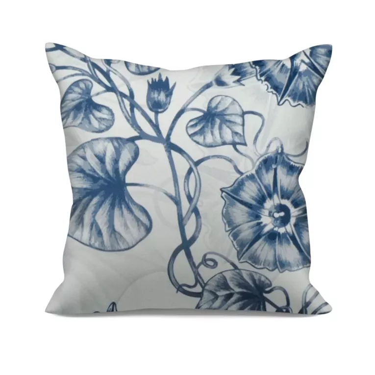 Poszewka szyta kremowo granatowa z miękkiej tkaniny o naturalnym splocie z kwiatowym wzorem