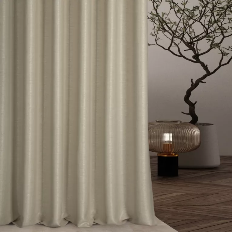 Zasłona szyta na flexach beżowa z tkaniny z mieszanką lnu i wiskozy, w stylu eko, z delikatnym połyskiem