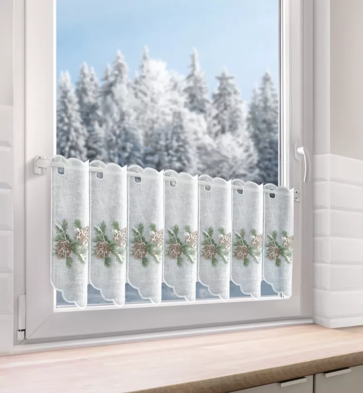 Tkanina firanowa zazdrostka zdobiona świątecznym haftem z zimowym akcentem Eurofirany