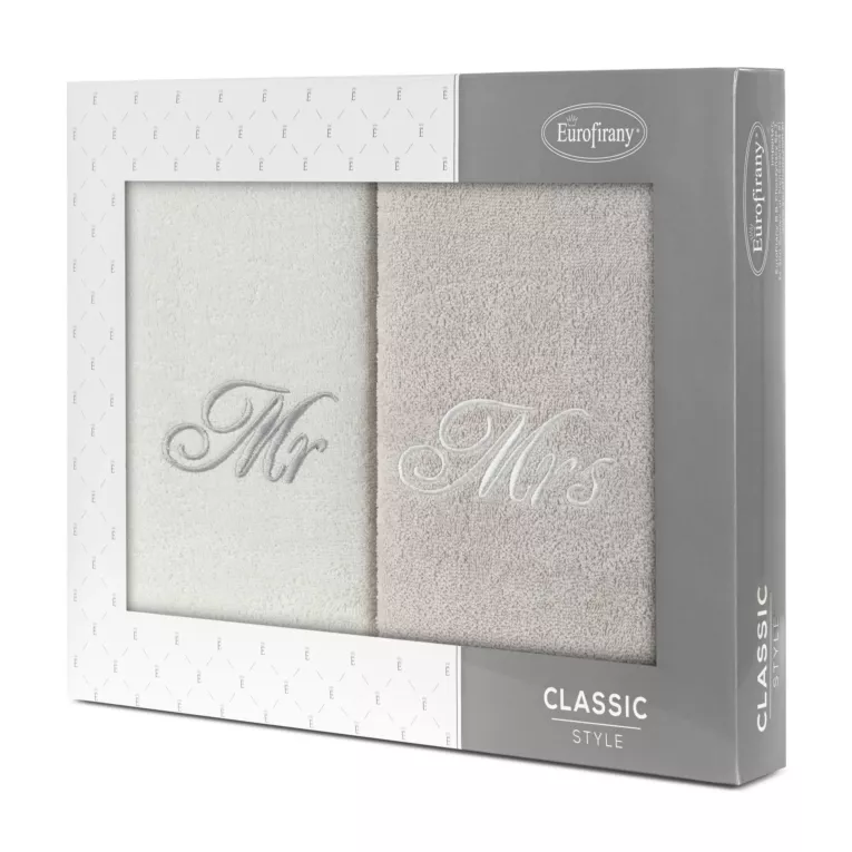 Zestaw ręczników bawełnianych 2 szt 70x140 cm z haftem MR&MRS kolor biały,srebrny 400 g/m2 Eurofirany