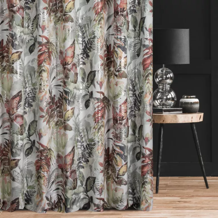 Zasłona szyta na taśmie fala biało ruda miękka, welwetowa, z nadrukowanym motywem botanicznym i błyszczącymi elementami